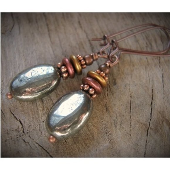Boho Pyrite Earrings Real Gemstone Copper - Picture 8 of 12